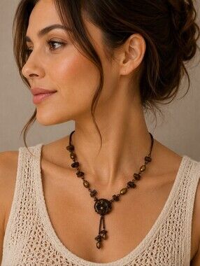 VTG Brown Tiger Eye Floral Sautoir Necklace